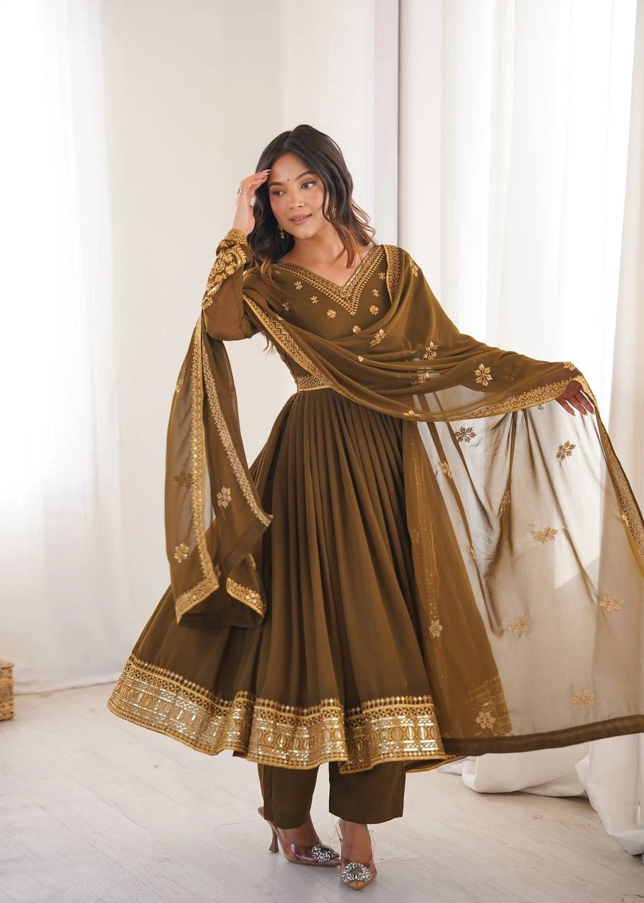 Olive Brown Sequins Embroidered Suit – Anarkali Pant Set with Dupatta Kalyanja